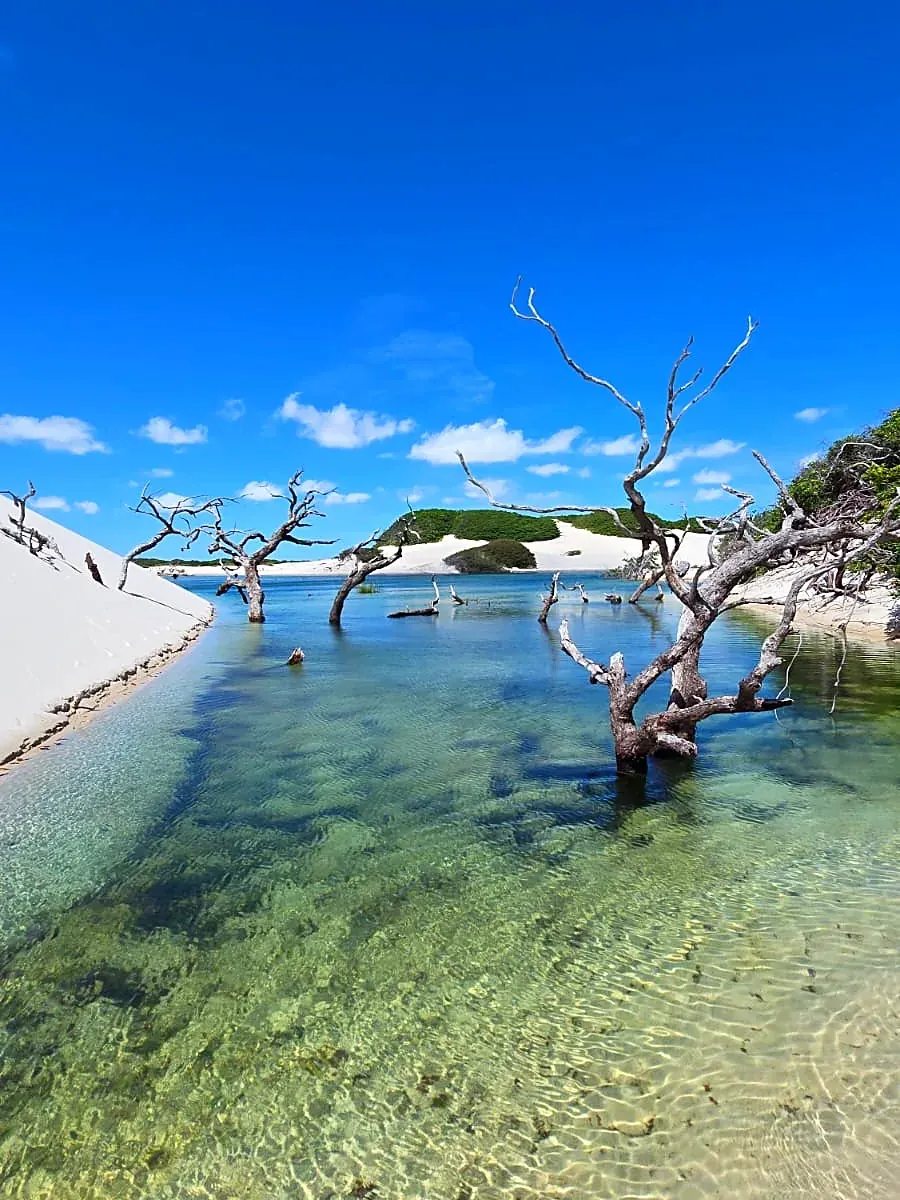Água cristalina de uma lagoa dos Lençóis, com a areia branca aparecendo no fundo