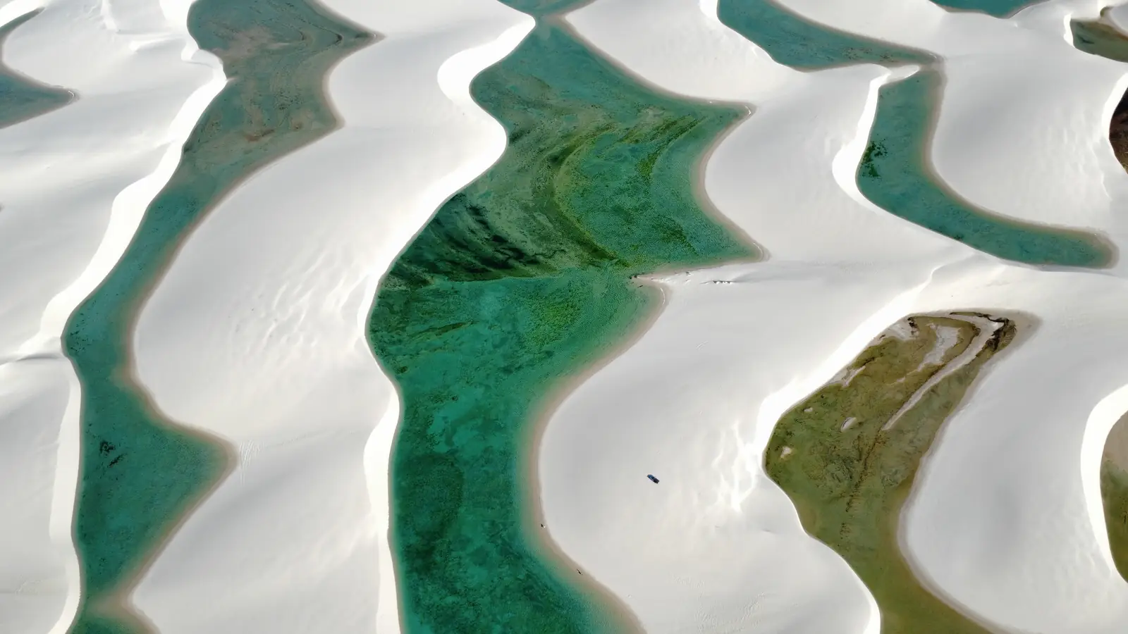 Vista aérea dos Lençóis Maranhenses: fileiras de dunas brancas separadas por lagoas verdes e turquesa